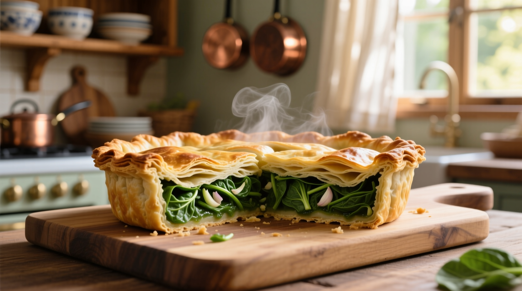 Golden spinach pie with flaky layers