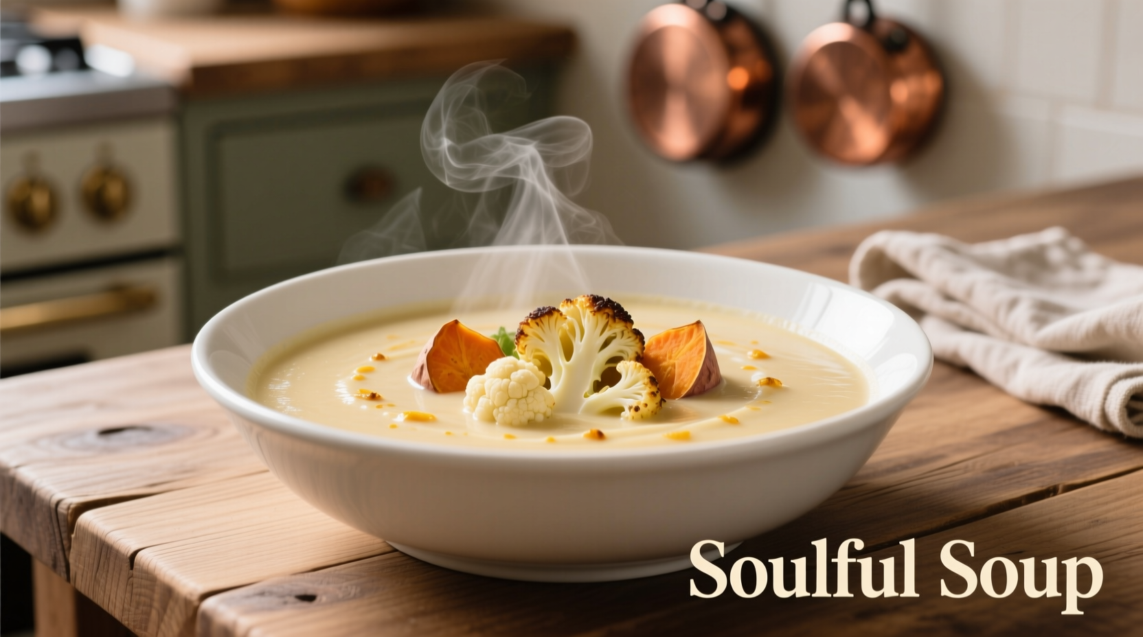 Creamy cauliflower sweet potato soup in white bowl