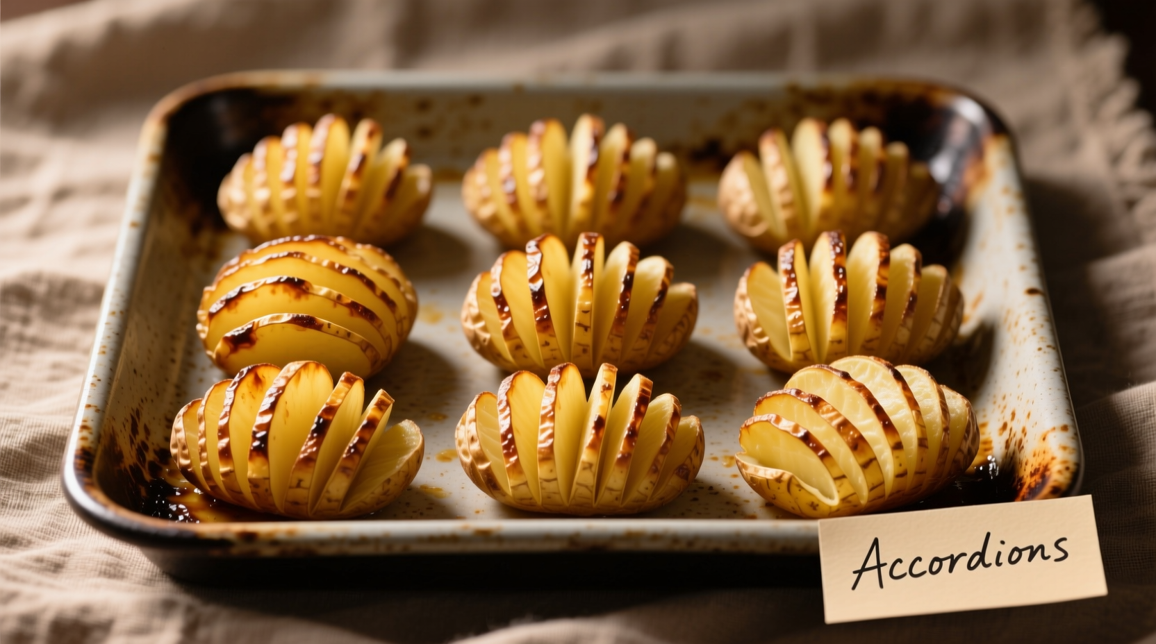 Perfectly sliced accordion potatoes on baking sheet