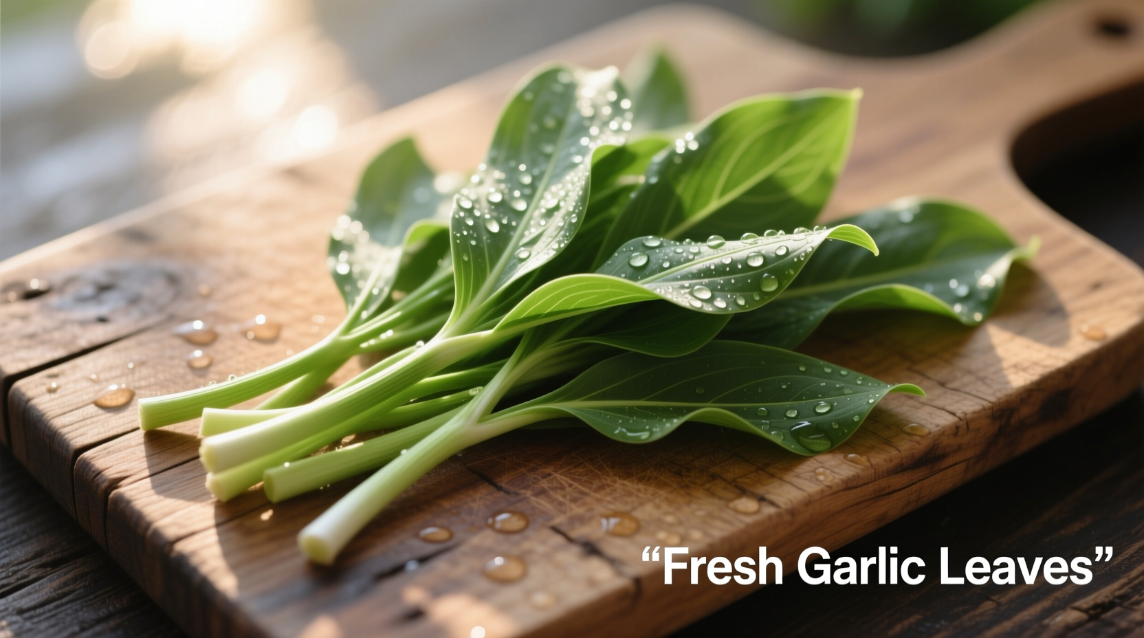 Fresh garlic leaves on wooden cutting board