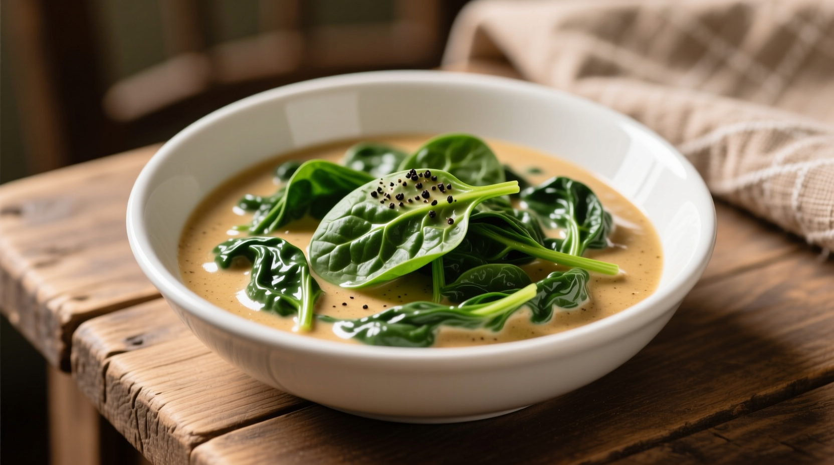 Creamed spinach in white bowl with fresh spinach