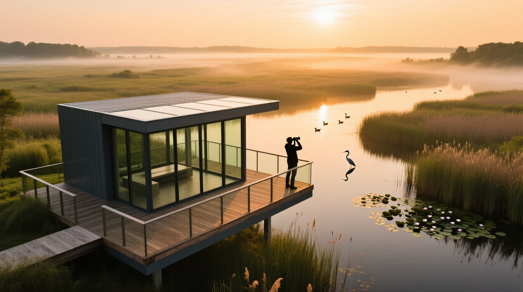 Birdwatching platform at Celery Fields Park overlooking wetlands