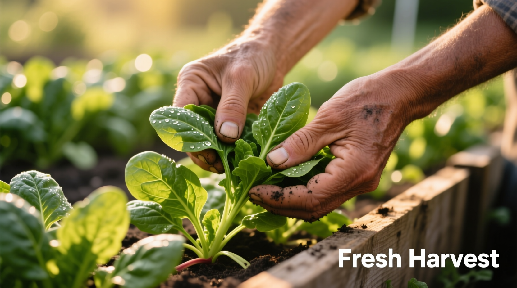 Hand harvesting fresh spinach leaves in garden