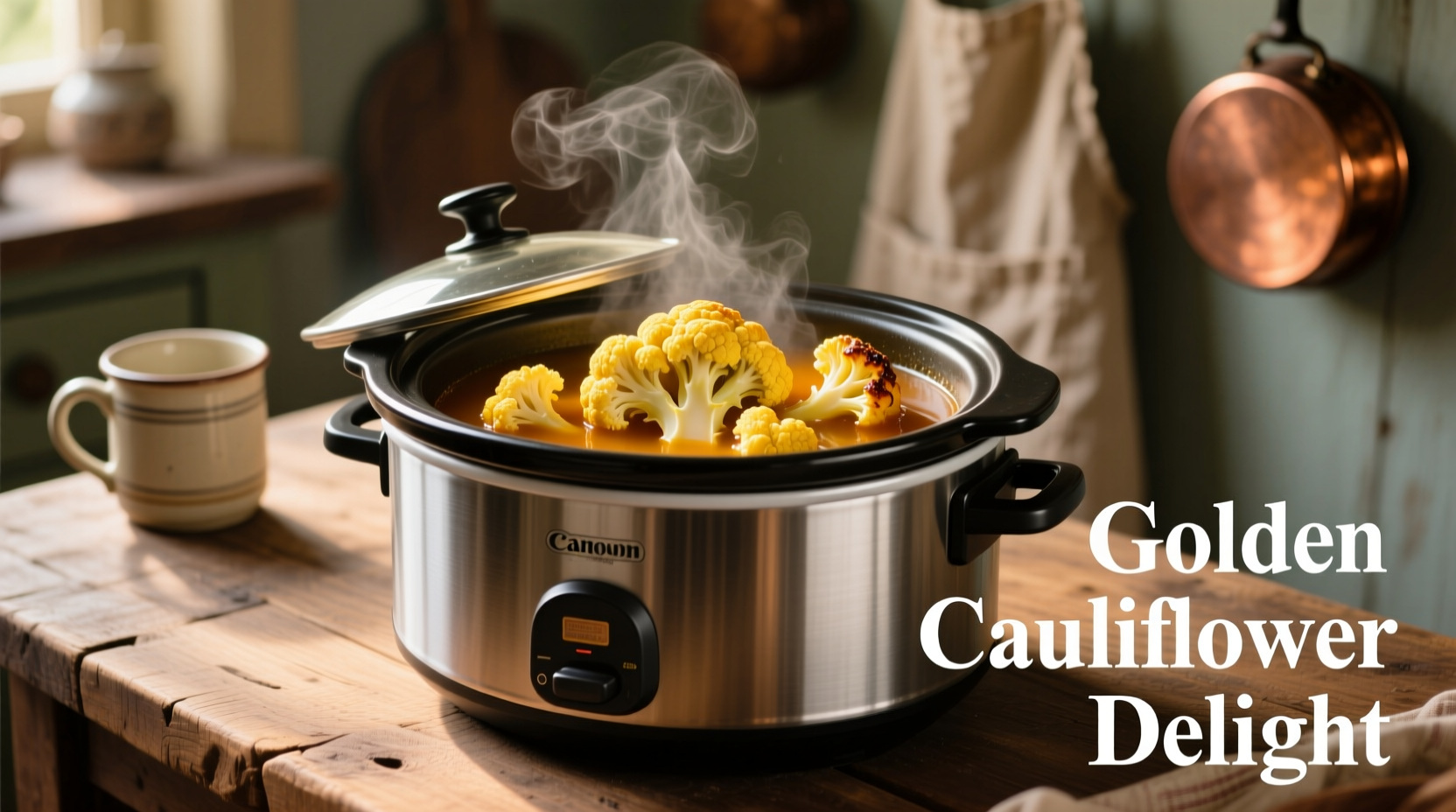 Slow cooker with golden cauliflower