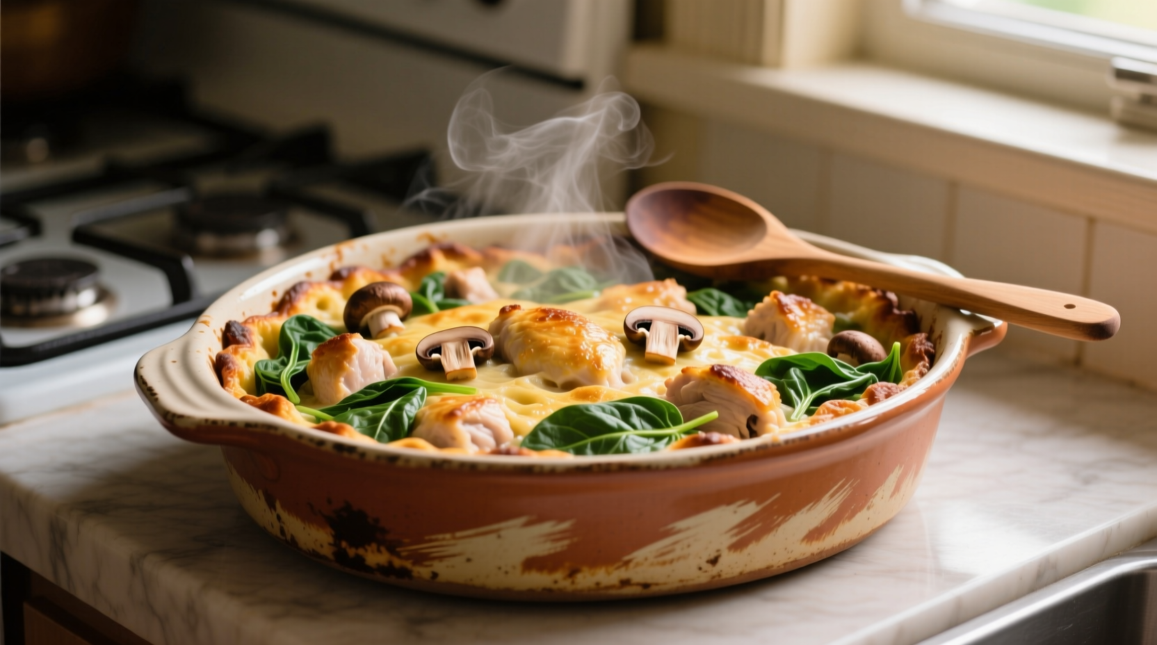 Golden baked chicken spinach mushroom casserole in ceramic dish
