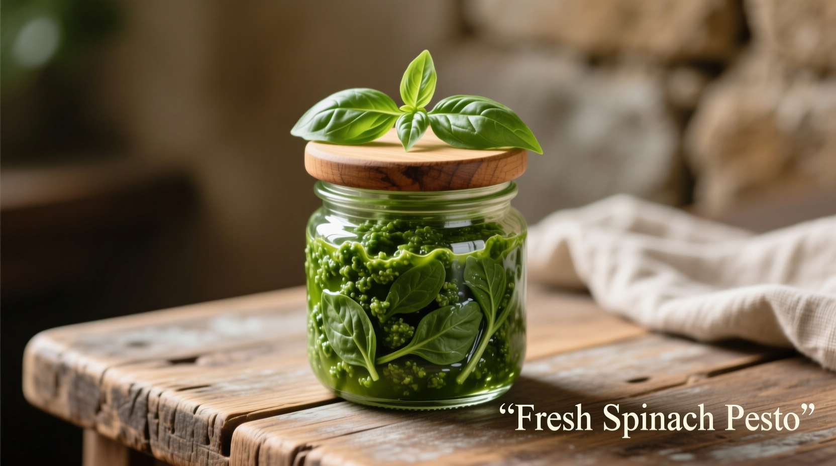 Fresh spinach pesto in glass jar with basil garnish