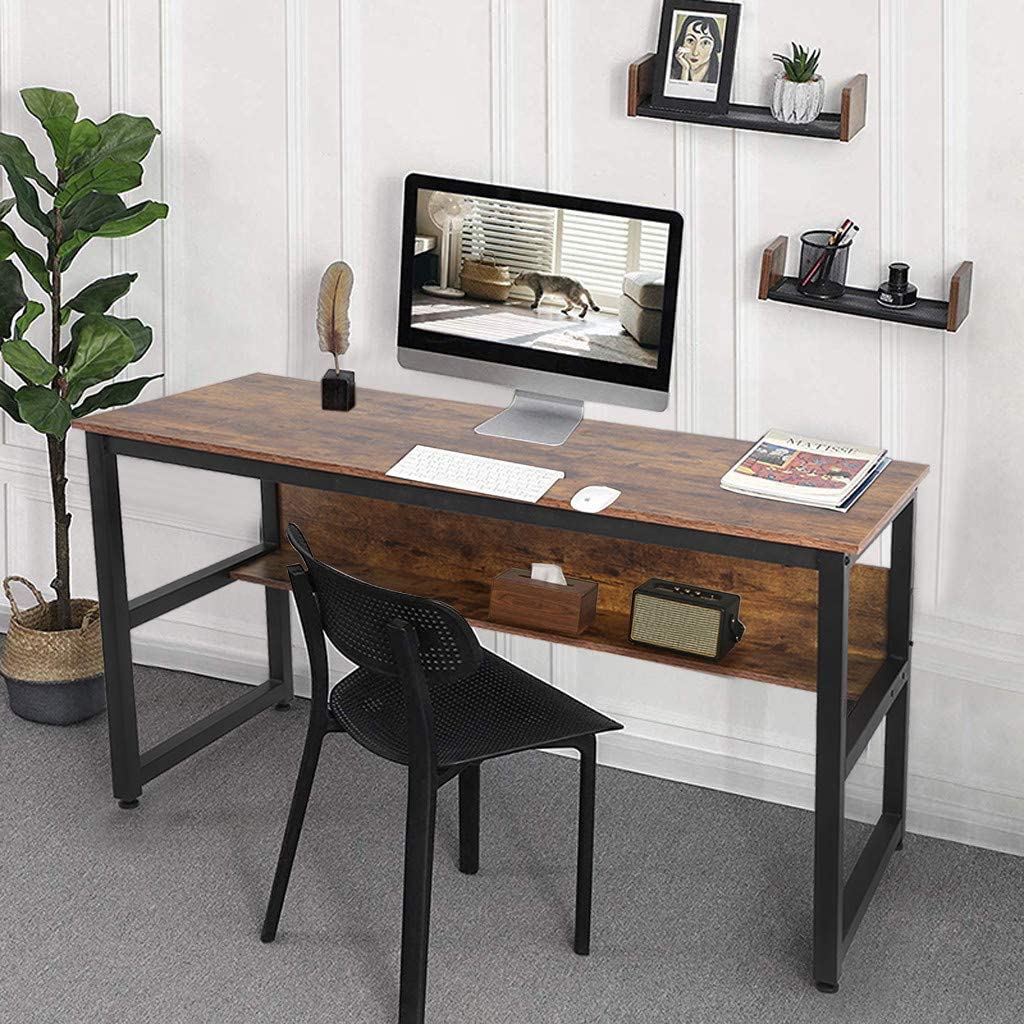 免费样品木制电脑桌,带中间层书架纹理书桌顶部防滑腿轻松组装办公室