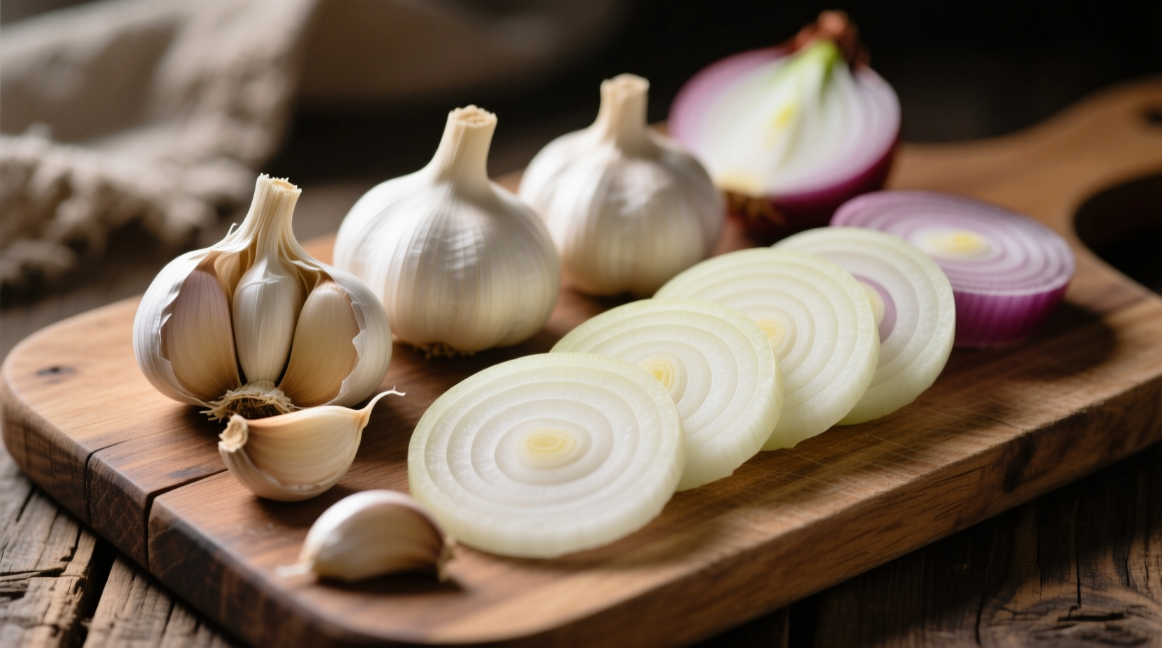 Garlic cloves and onion slices on cutting board