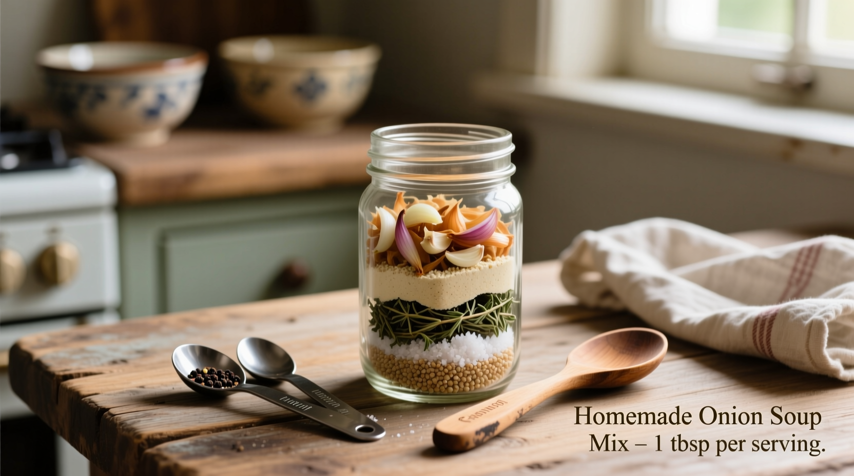 Homemade dry onion soup mix in mason jar with measuring spoons