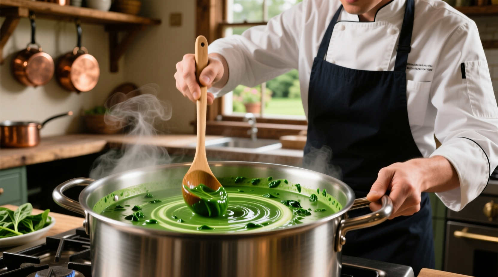 Chef stirring vibrant green spinach soup in stainless steel pot