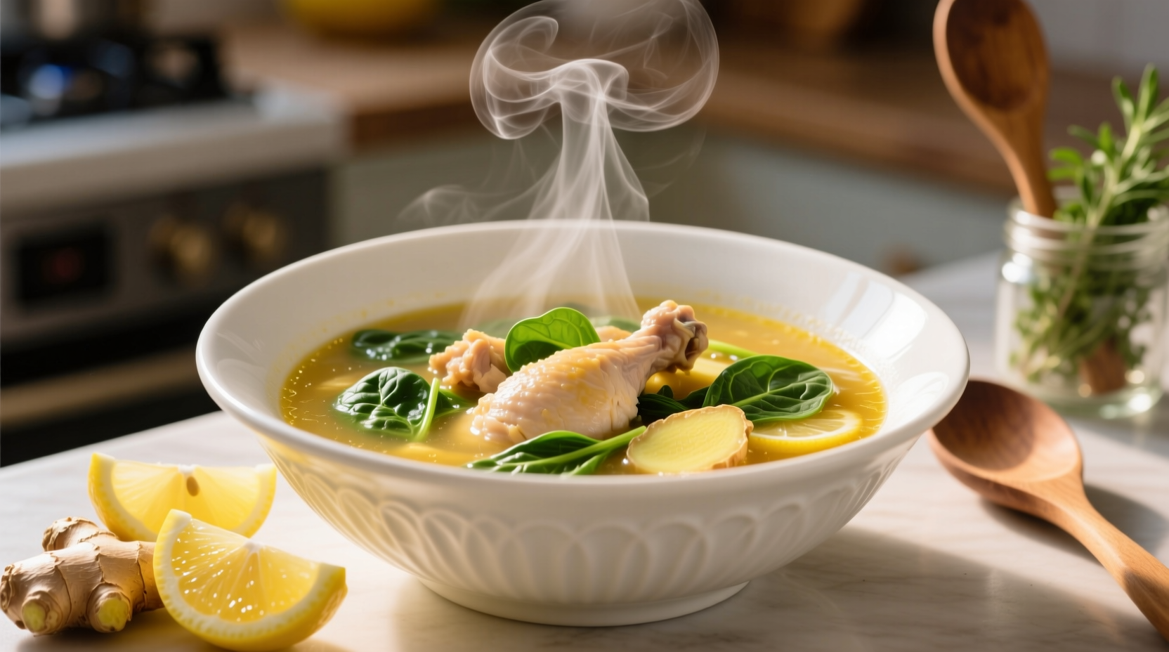 Lemon spinach ginger chicken soup in white bowl
