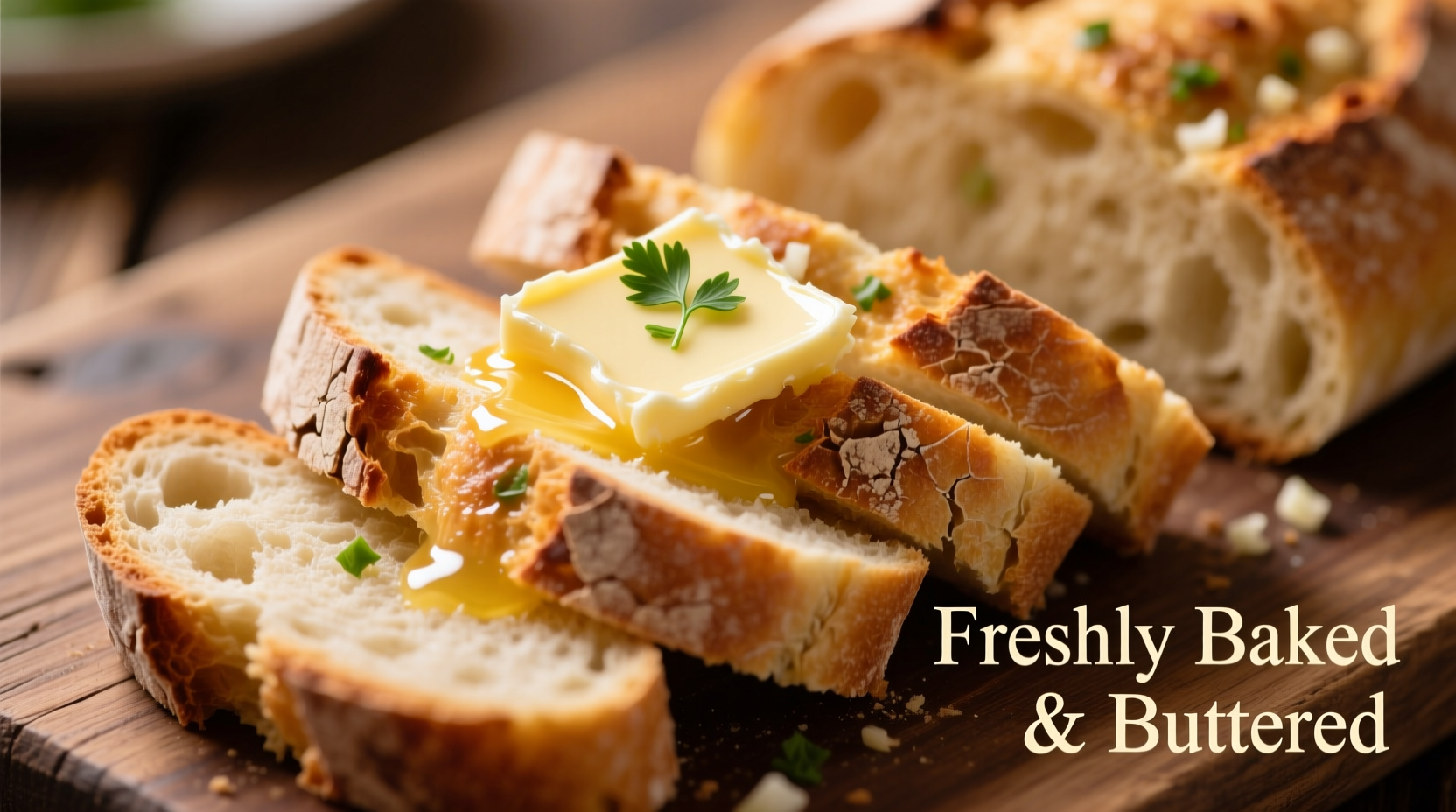 Sliced sourdough garlic bread with melted butter