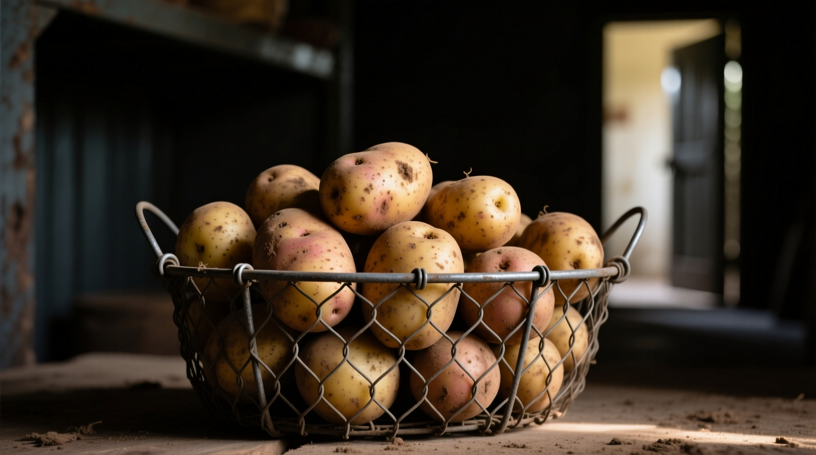 Wire basket filled with russet potatoes in dark pantry