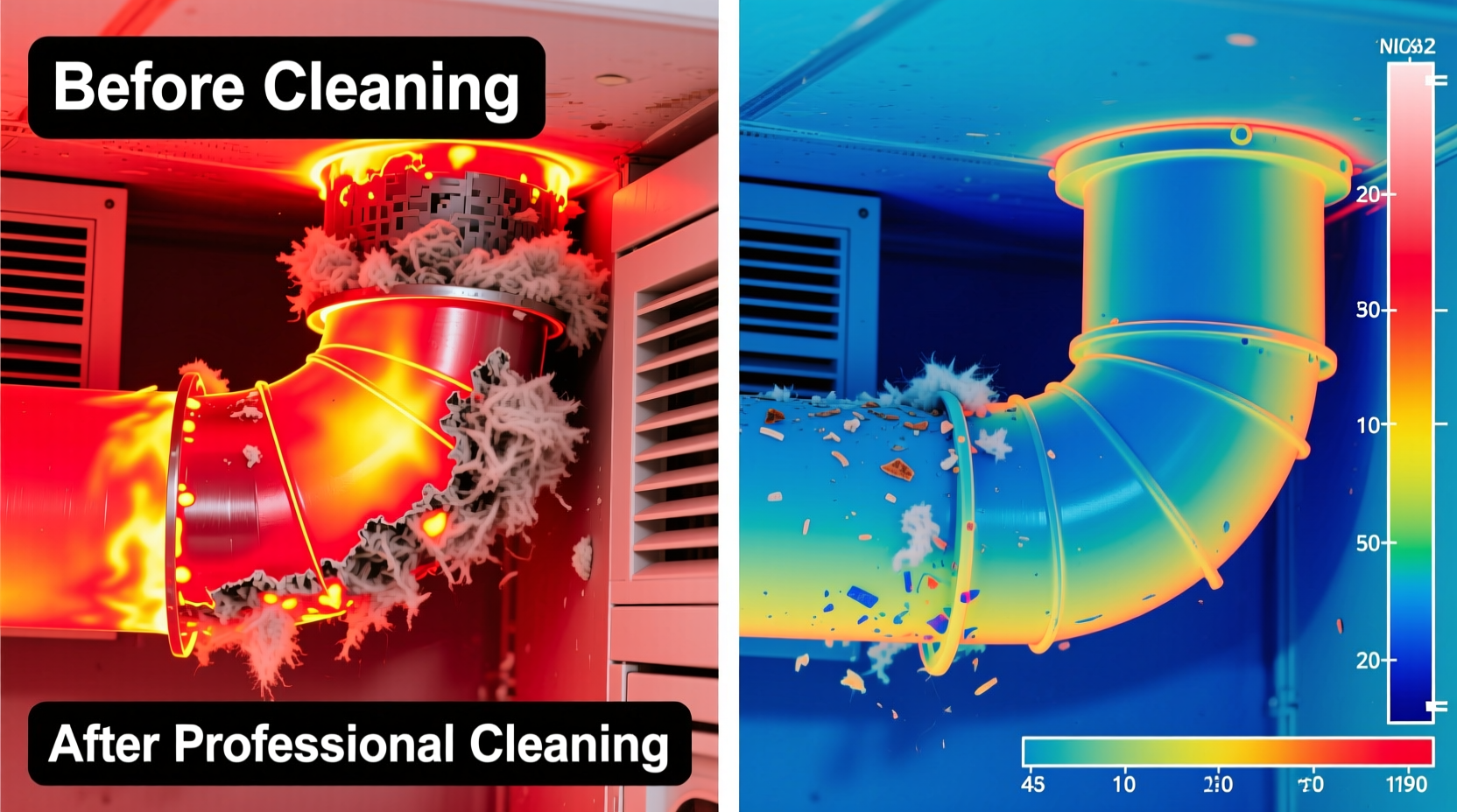 Side-by-side thermal imaging comparison showing overheated dryer duct section (left) versus normalized temperature after professional cleaning (right), with visible lint accumulation in elbow joint