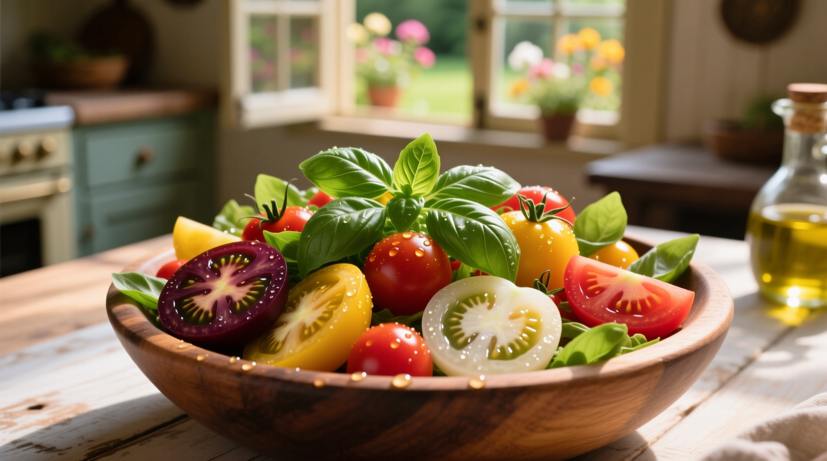 Colorful heirloom tomato salad with fresh basil