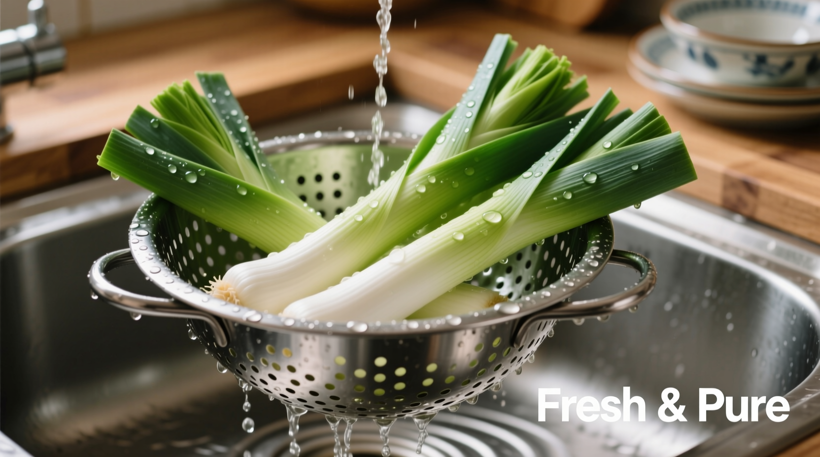 Fresh leeks being cleaned in a colander