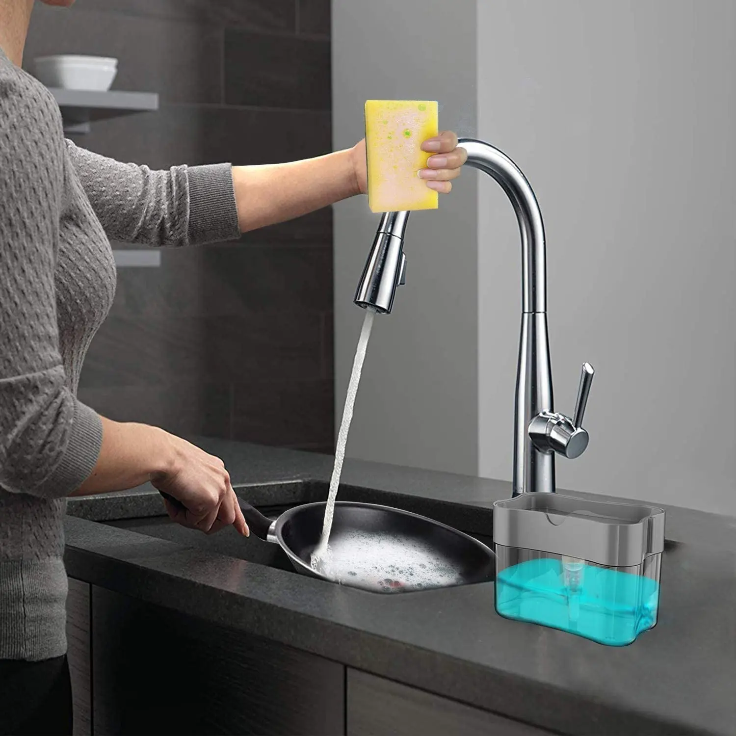 Shemax Dishwashing Soap Dispenser, Sponge Holder 2 in1 Dish liquid Dispenser Caddy,Countertop Soap Pump