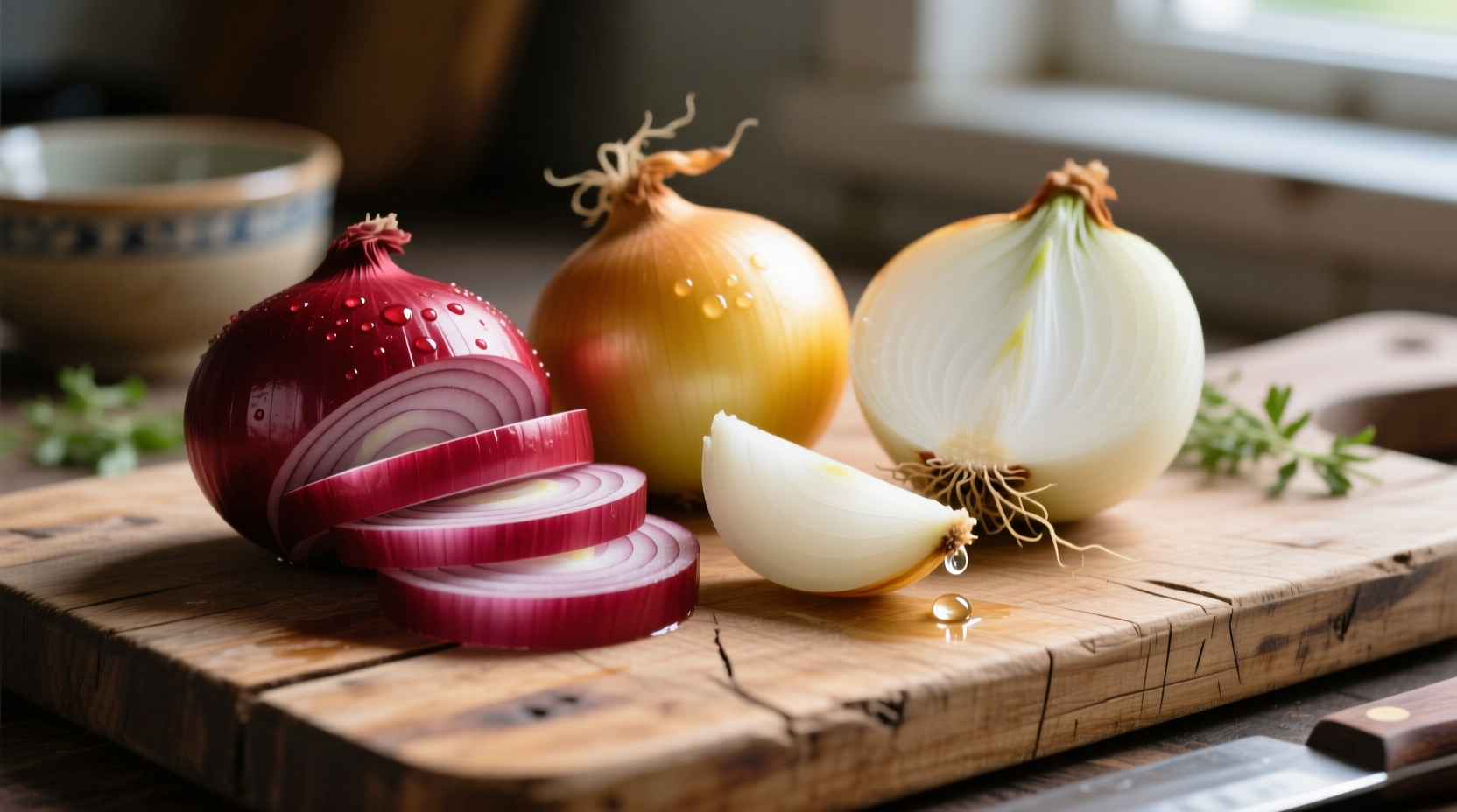Close-up of red, yellow, and white onions on wooden cutting board