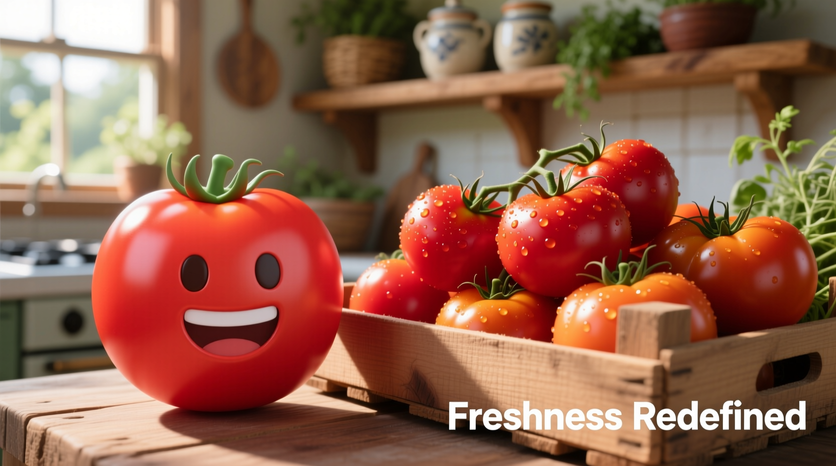 Ripe red tomato emoji next to real tomatoes