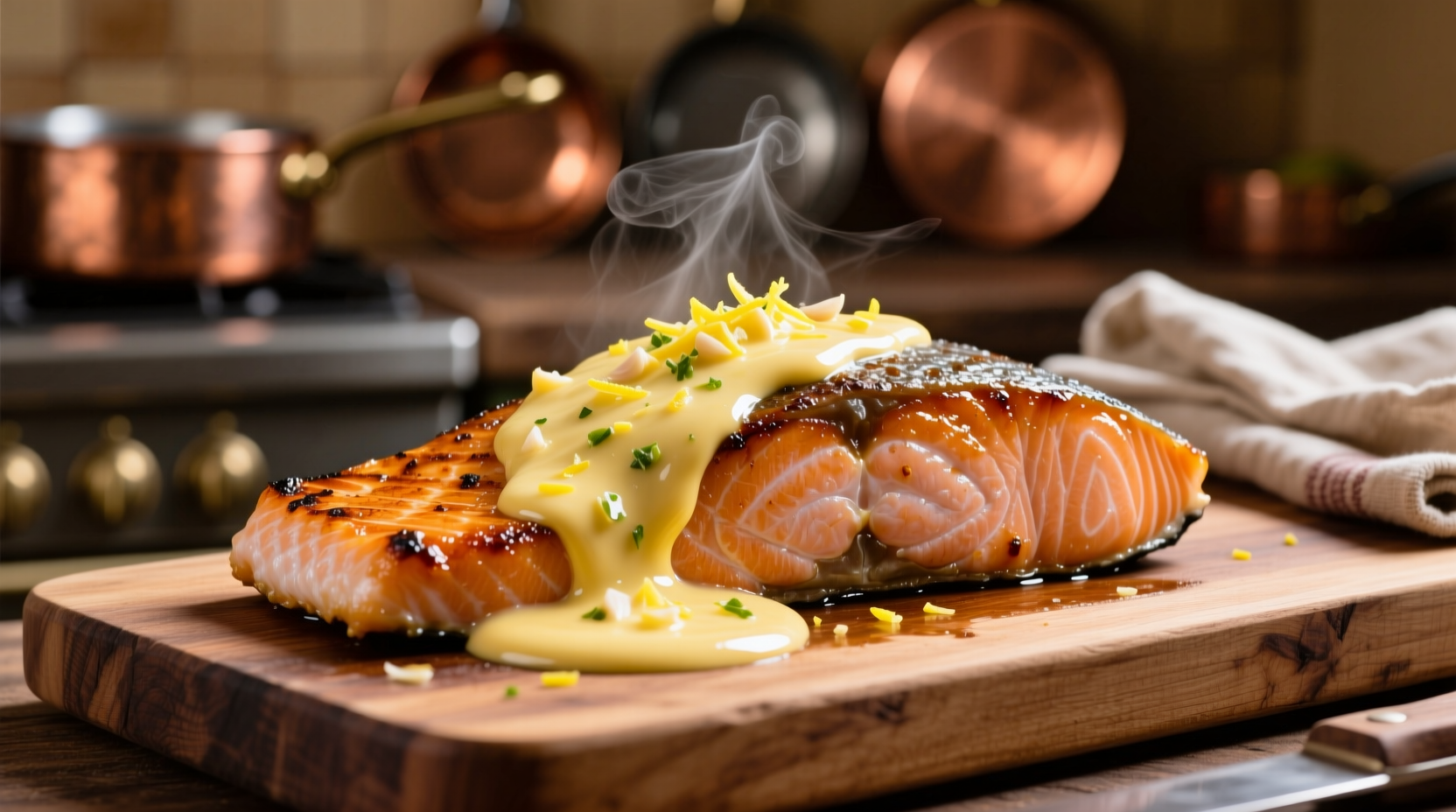 Lemon garlic butter sauce drizzled over grilled salmon