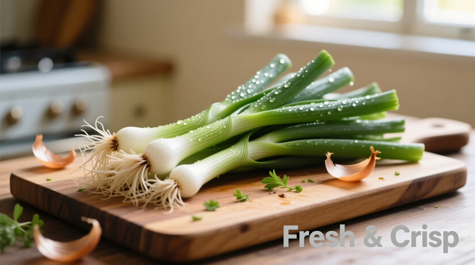 Fresh scallions arranged on cutting board