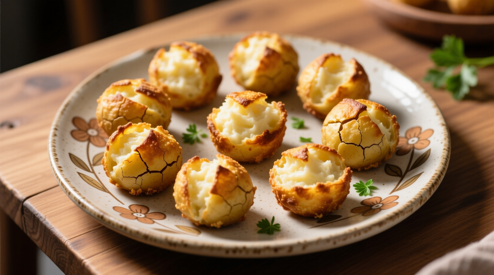 Golden brown mashed potato poppers on serving platter