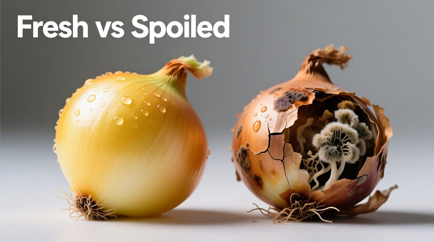 Close-up of fresh versus spoiled onions comparison