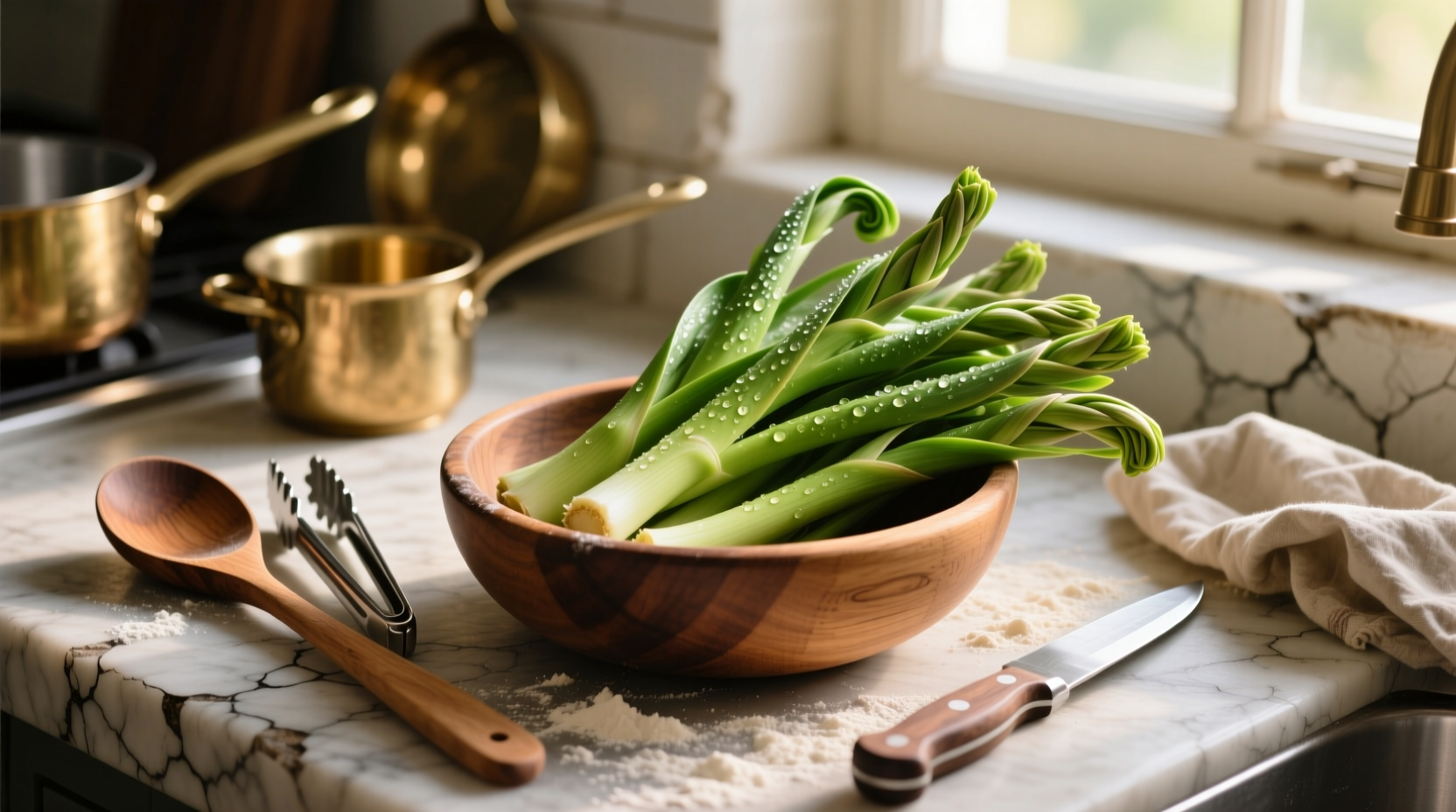 Fresh garlic scapes in a wooden bowl with cooking utensils