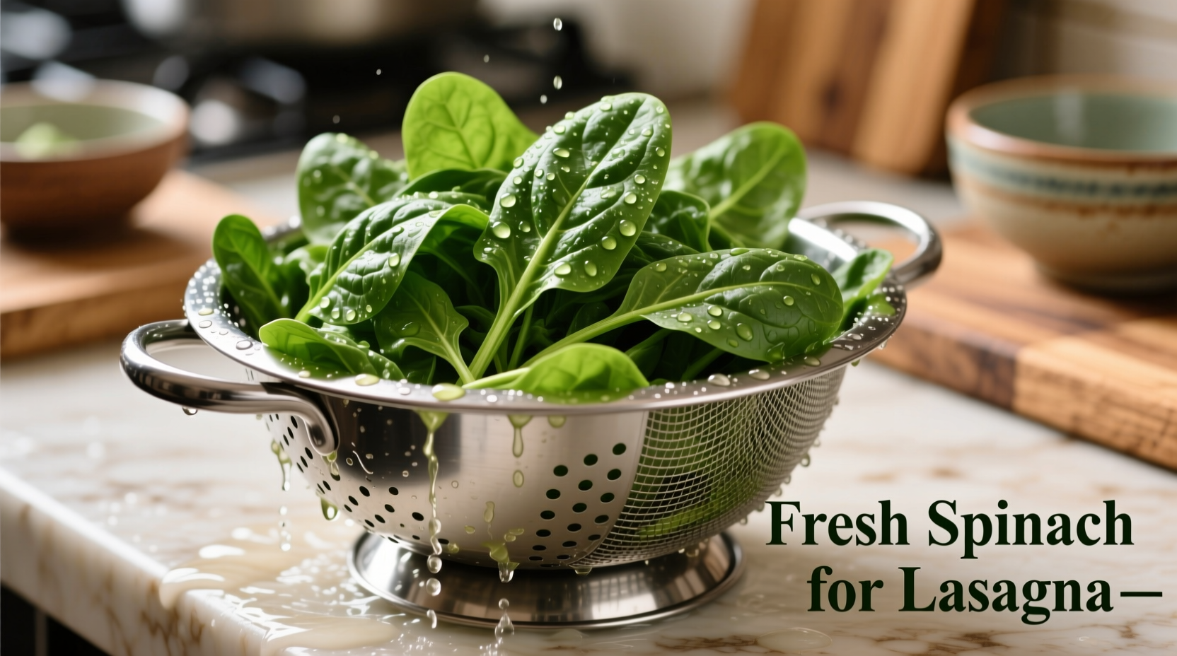 Properly squeezed spinach in colander for lasagna