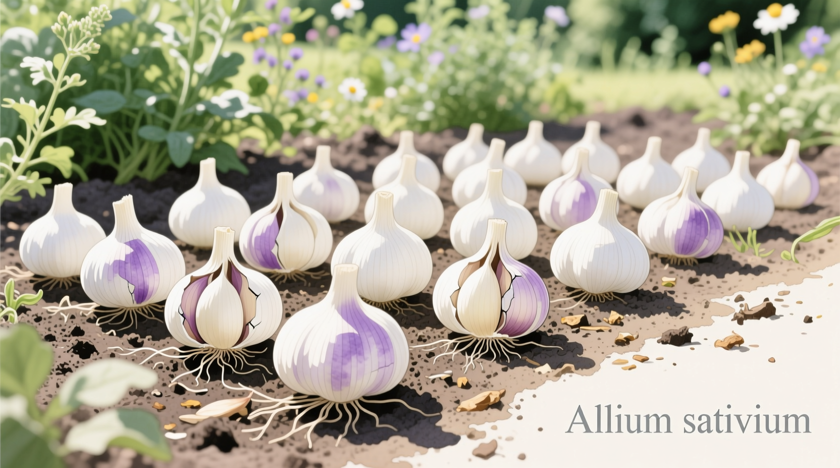 Garlic cloves properly spaced in garden bed