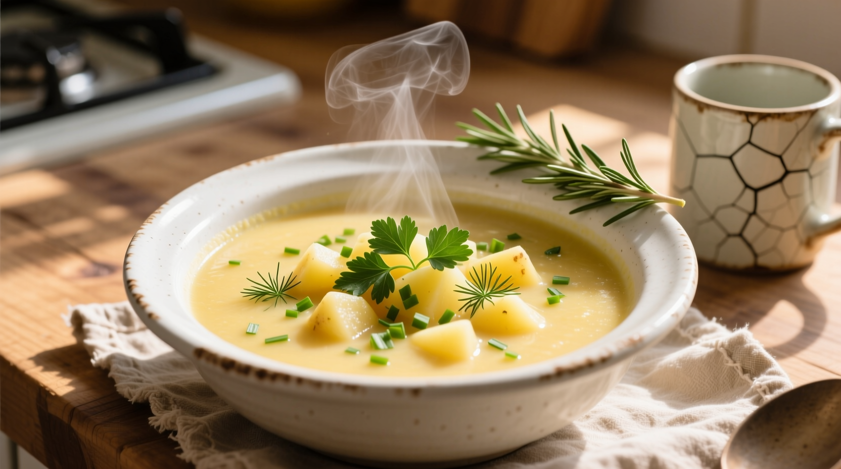 Homemade potato soup in white bowl with fresh herbs