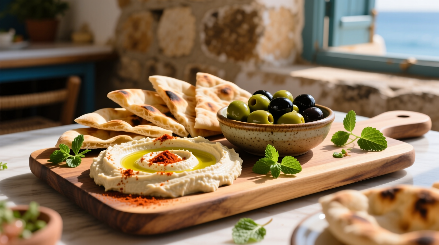 Mediterranean mezze platter with hummus, olives, and pita bread