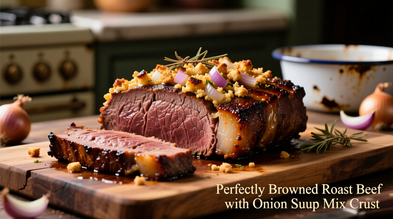 Perfectly browned roast beef with onion soup mix crust