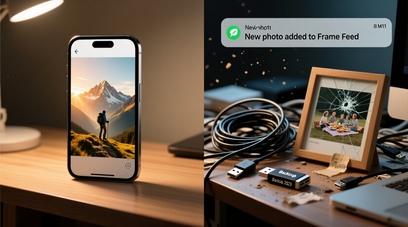 Side-by-side visual: left shows a smartphone notification saying 'New photo added to Frame Feed' beside a digital frame displaying that same image; right shows a tangled USB cable next to a forgotten flash drive and a frame stuck on a three-week-old photo