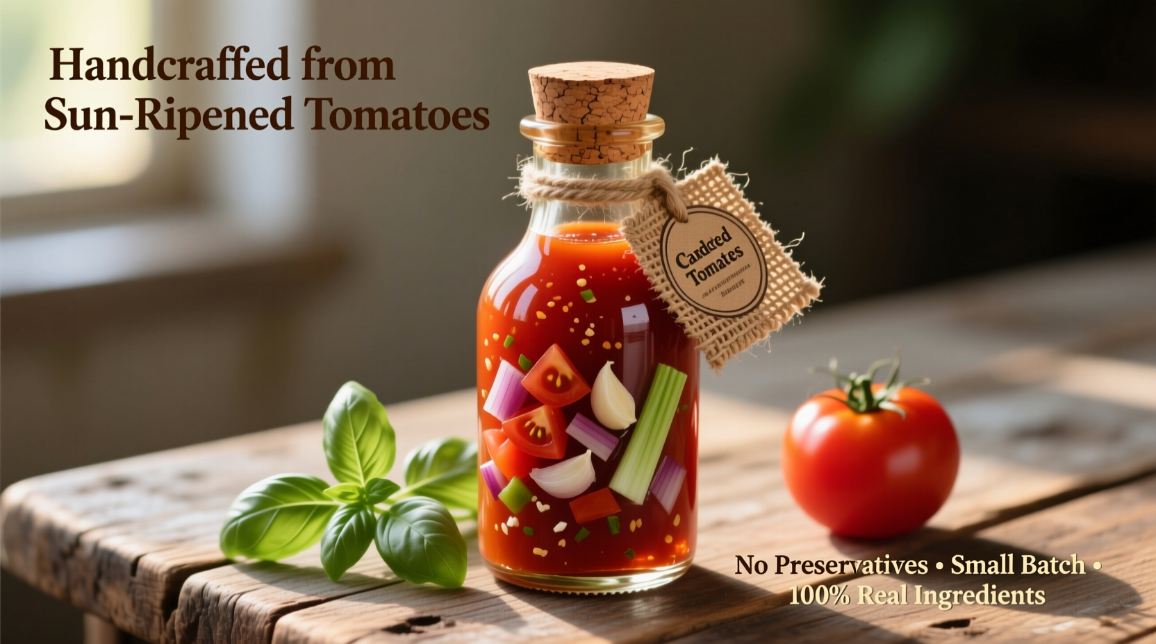 Artisanal tomato ketchup bottle with fresh ingredients