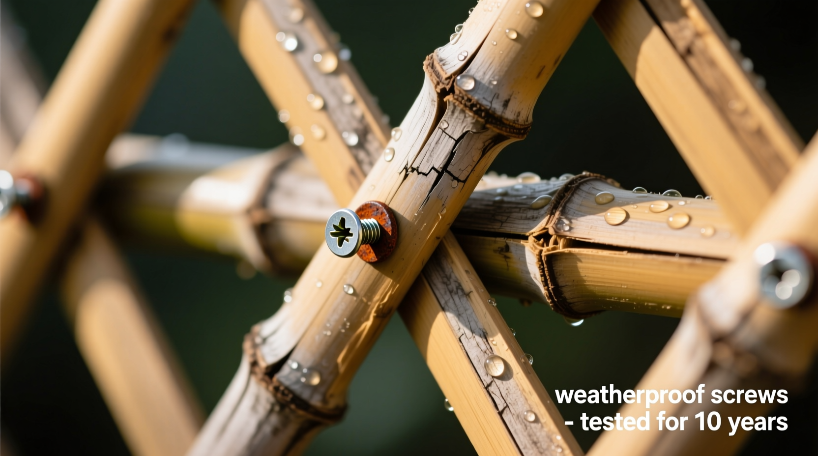 Close-up of bamboo trellis joints with weatherproof screws
