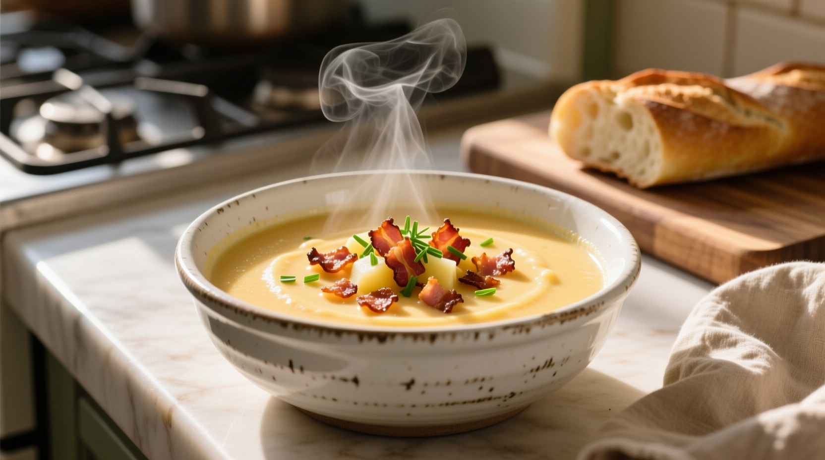 Creamy cheddar potato soup with bacon in white bowl