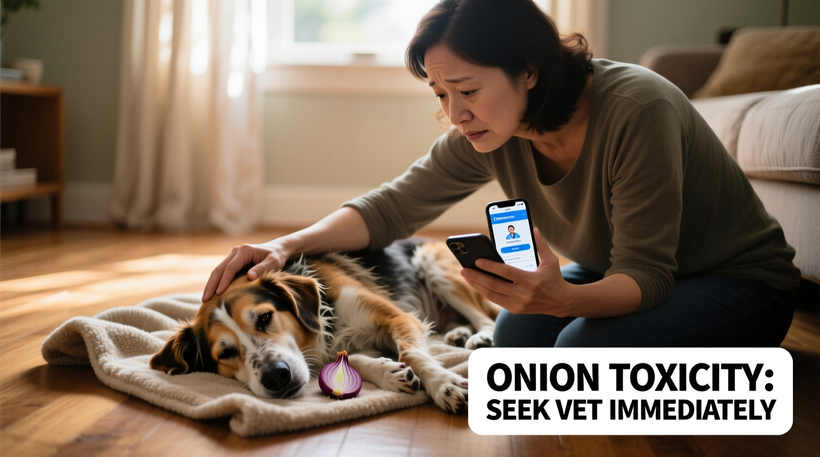 Dog owner checking on sick pet after onion exposure