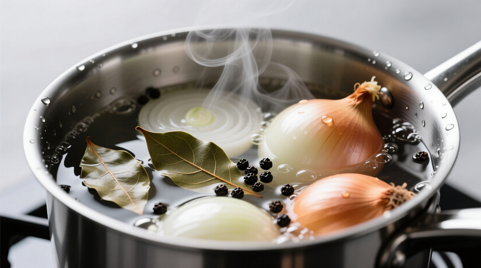 Close-up of onions boiling in a pot with bay leaves and black peppercorns visible in the water