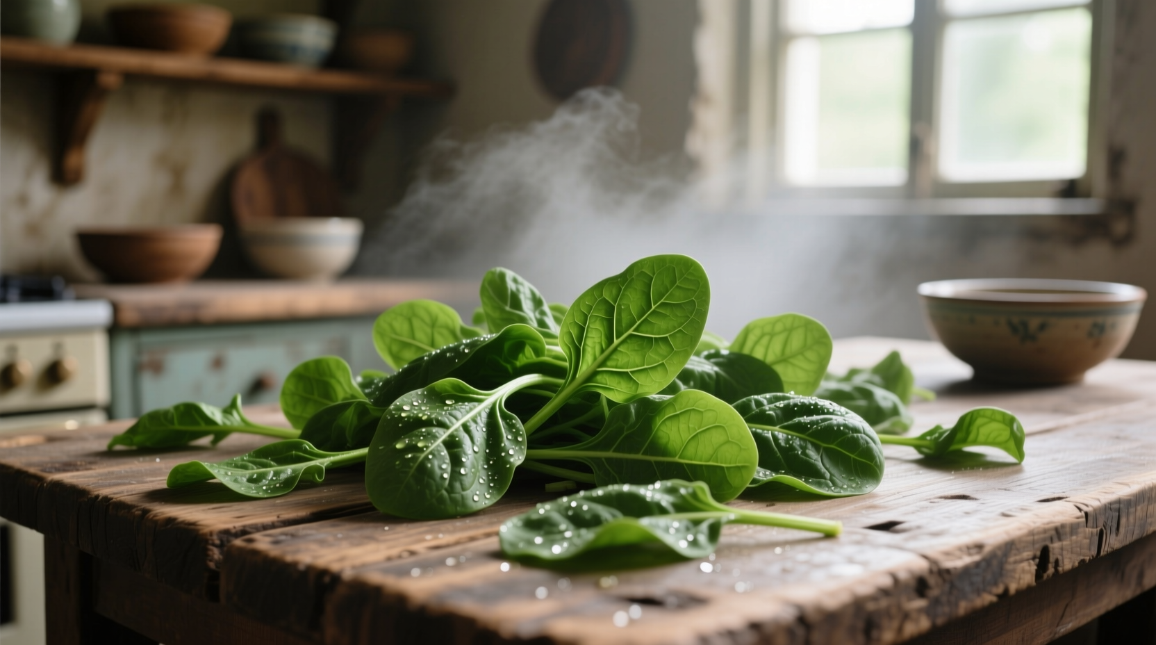 Fresh longevity spinach leaves on wooden table