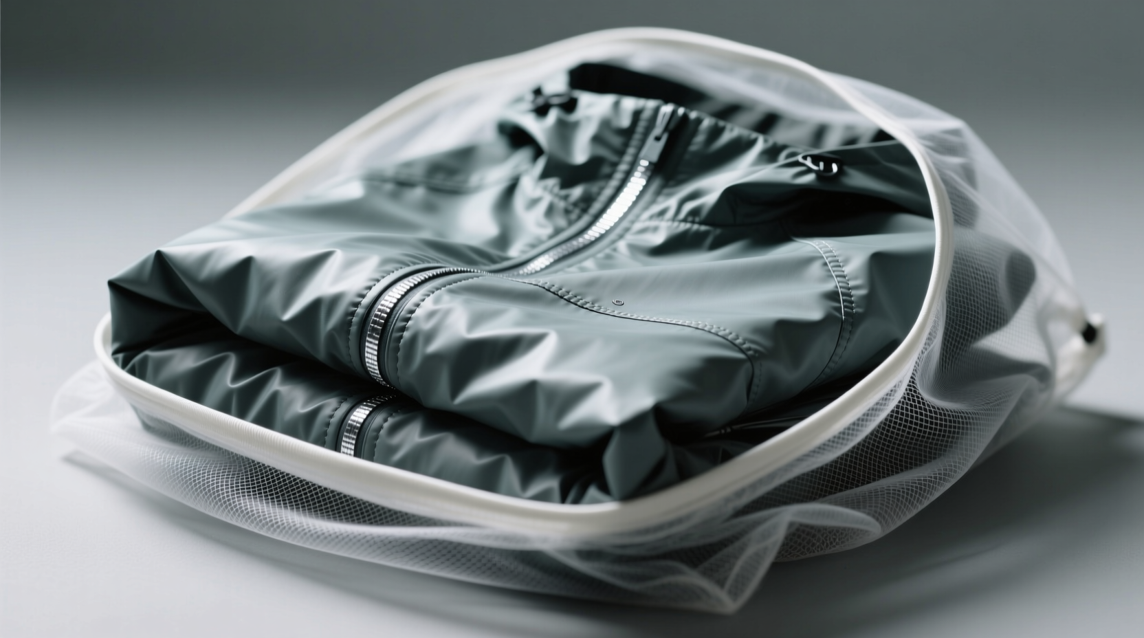 Close-up photo showing a reversible windbreaker folded precisely so both outer surfaces face inward, with reflective tape fully concealed between layers, placed inside a fine-knit mesh laundry bag