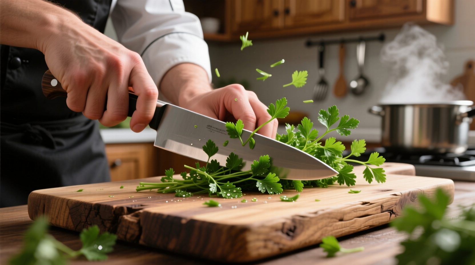 Chef's hand chopping fresh parsley on wooden cutting board