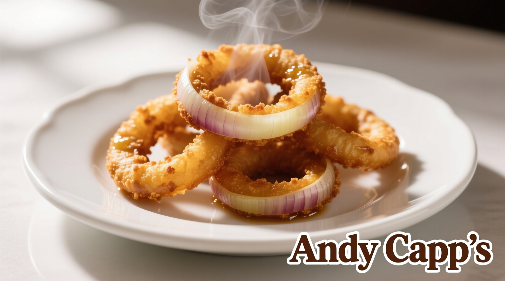 Golden brown Andy Capp's onion rings on white plate