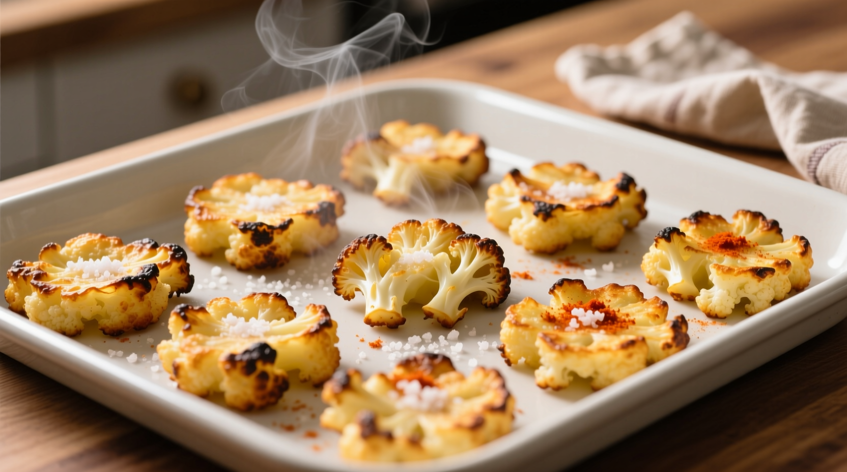 Crispy golden cauliflower hash browns on baking sheet