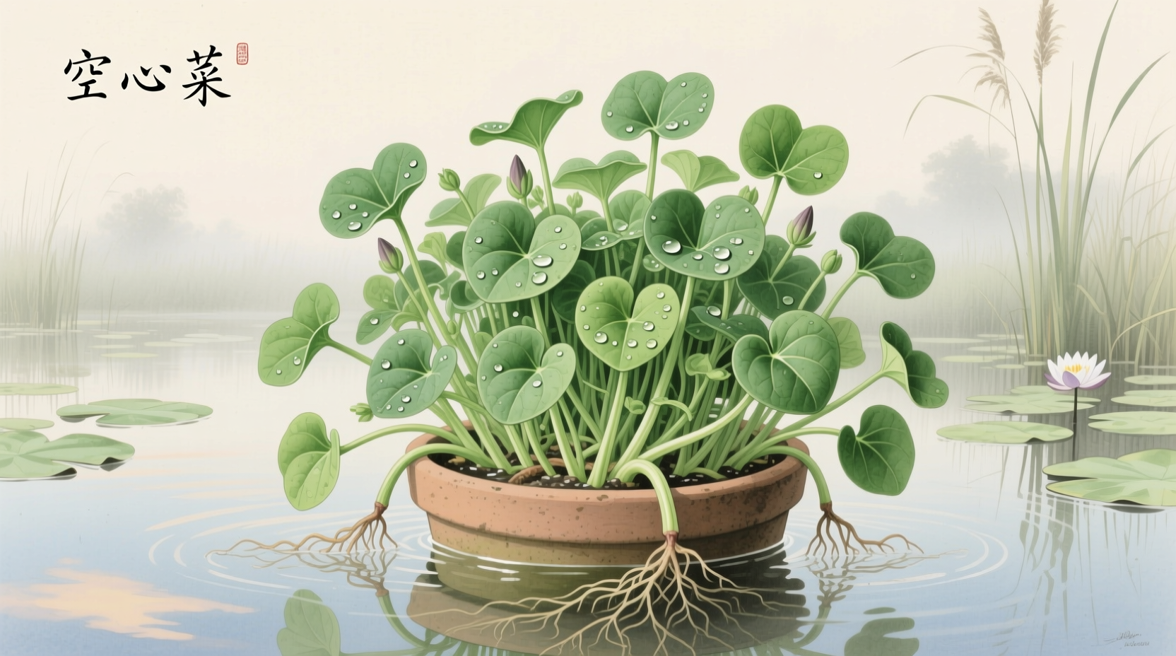 Fresh water spinach with hollow stems and heart-shaped leaves
