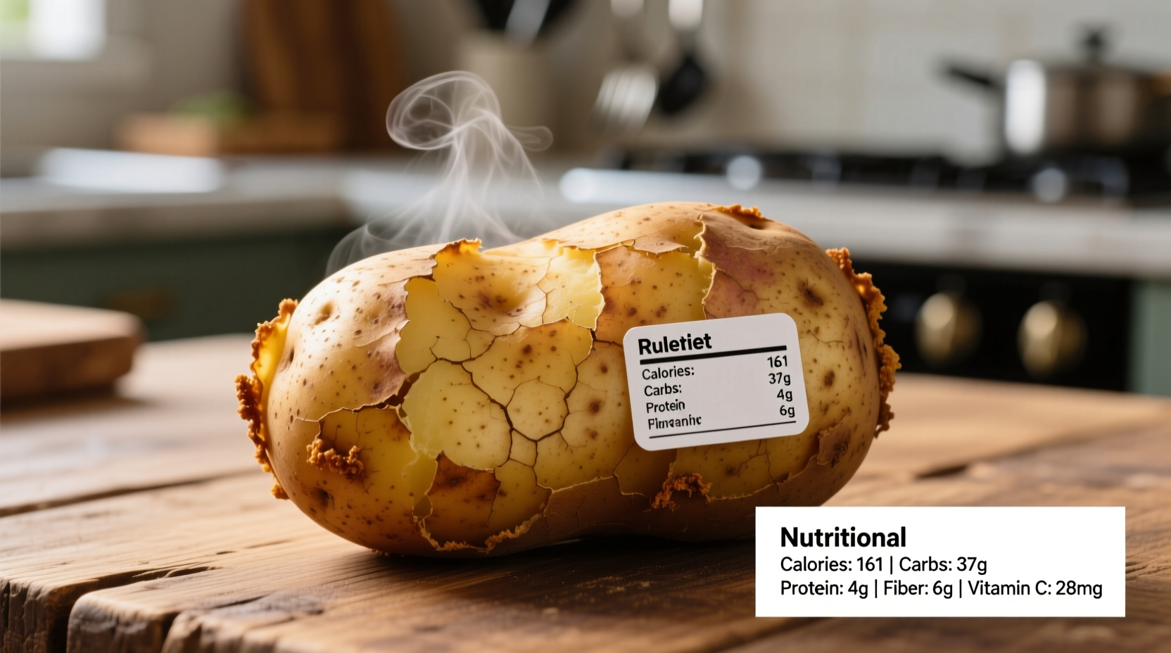 Baked potato with skin showing nutritional information