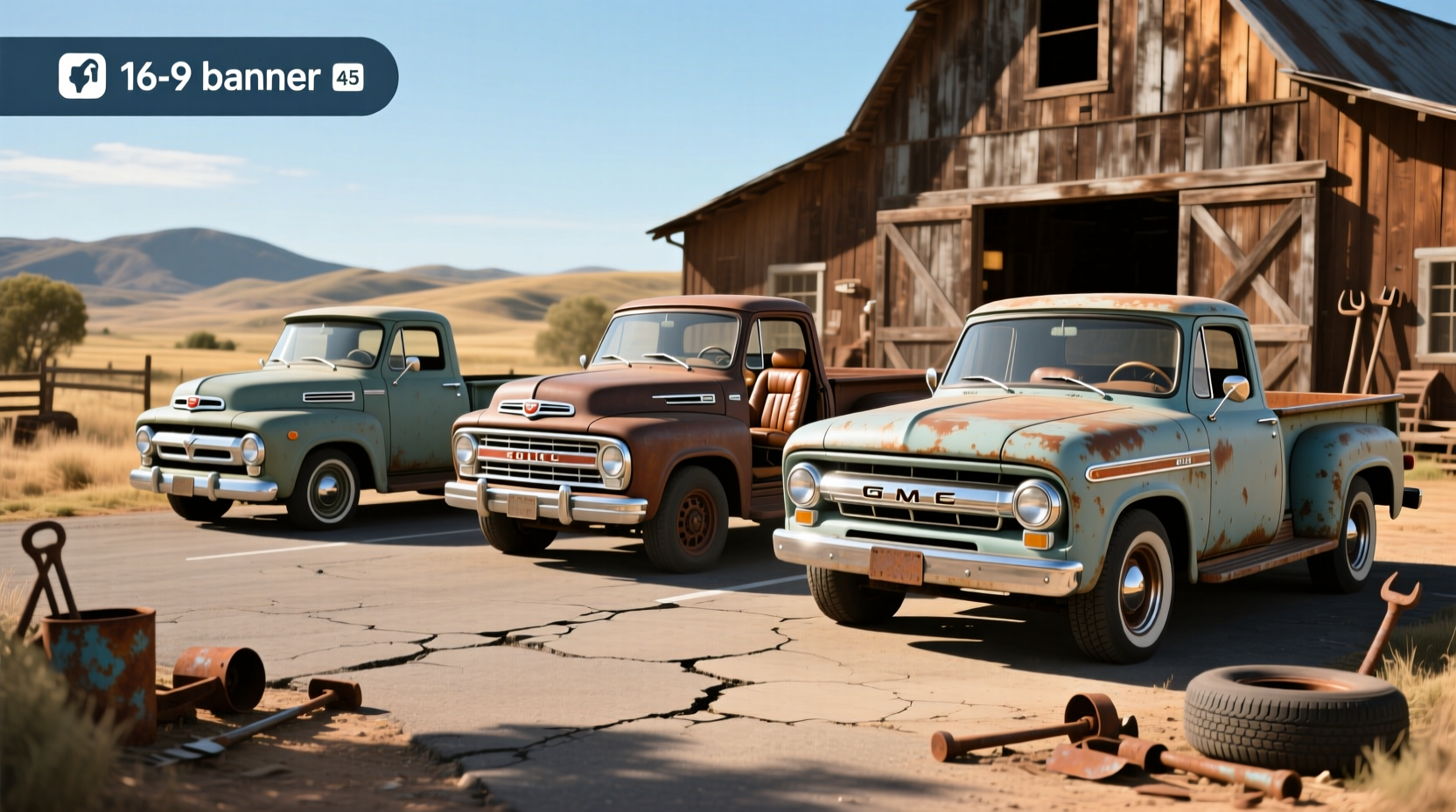 Classic pickup trucks lineup showing Chevrolet C10, Ford F-100, and Toyota Pickup
