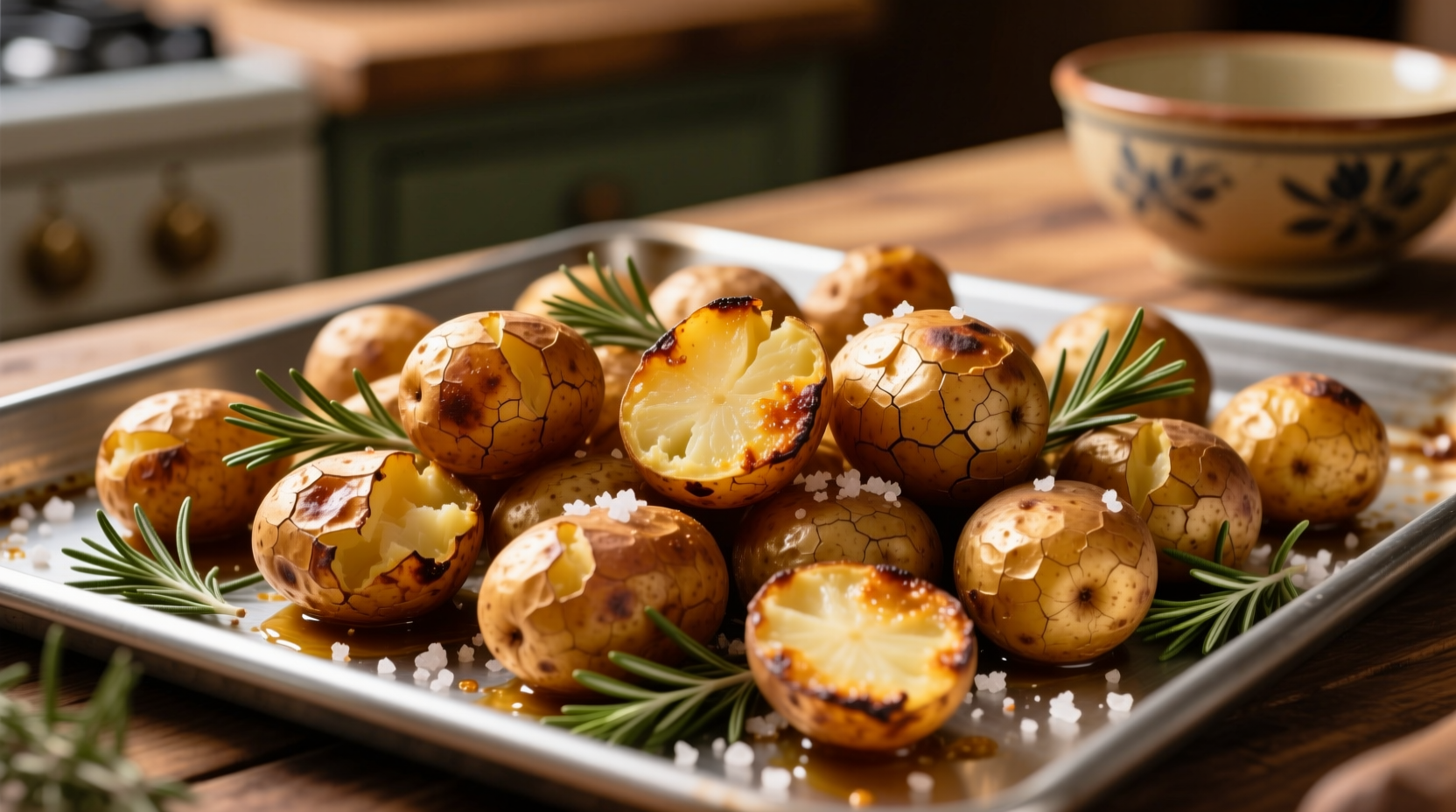 Golden brown crispy roast potatoes on baking sheet