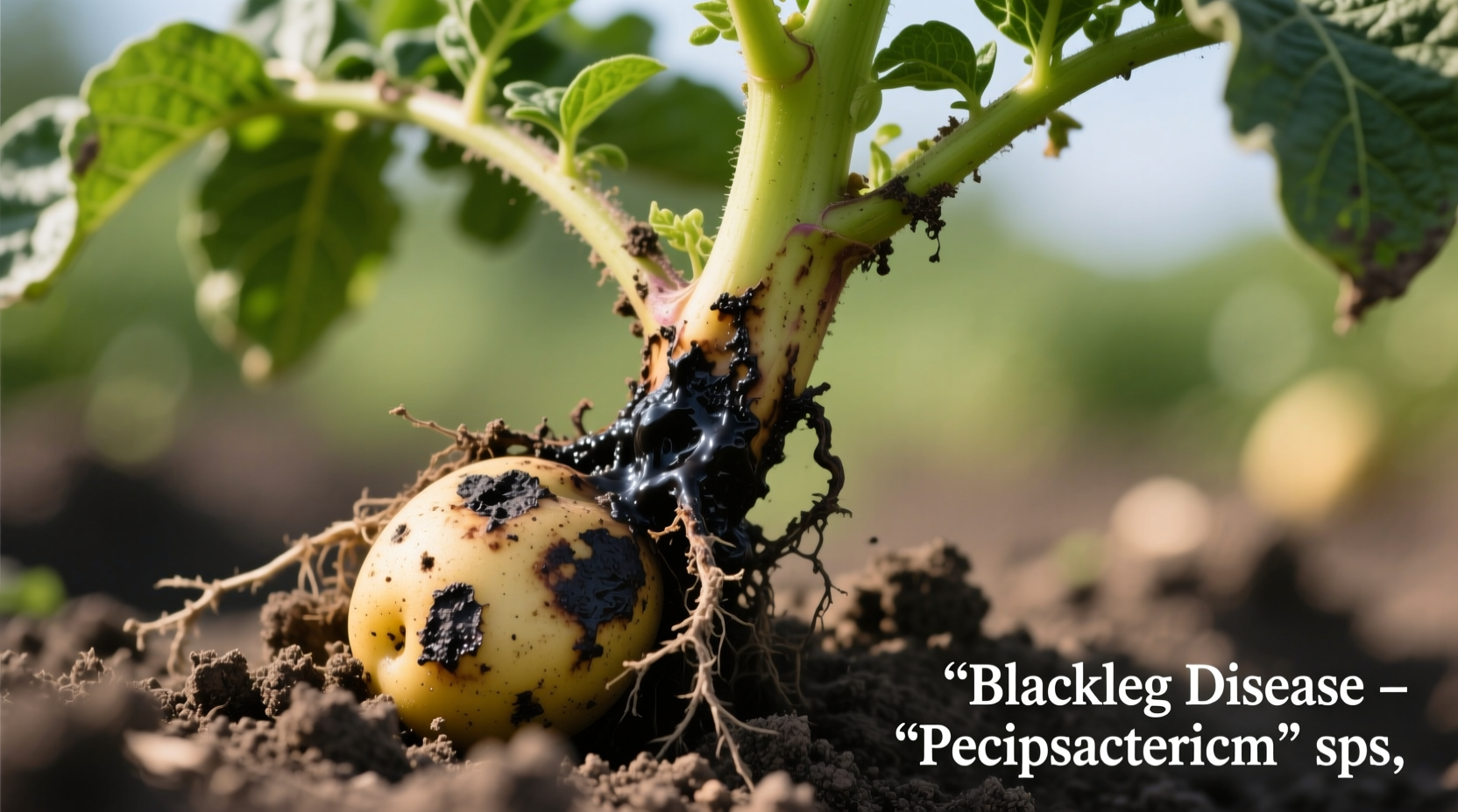 Potato plant showing blackleg disease symptoms at stem base