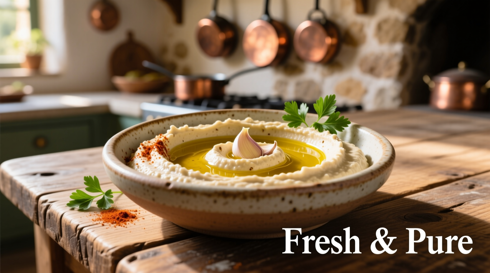 Creamy garlic hummus in bowl with olive oil drizzle